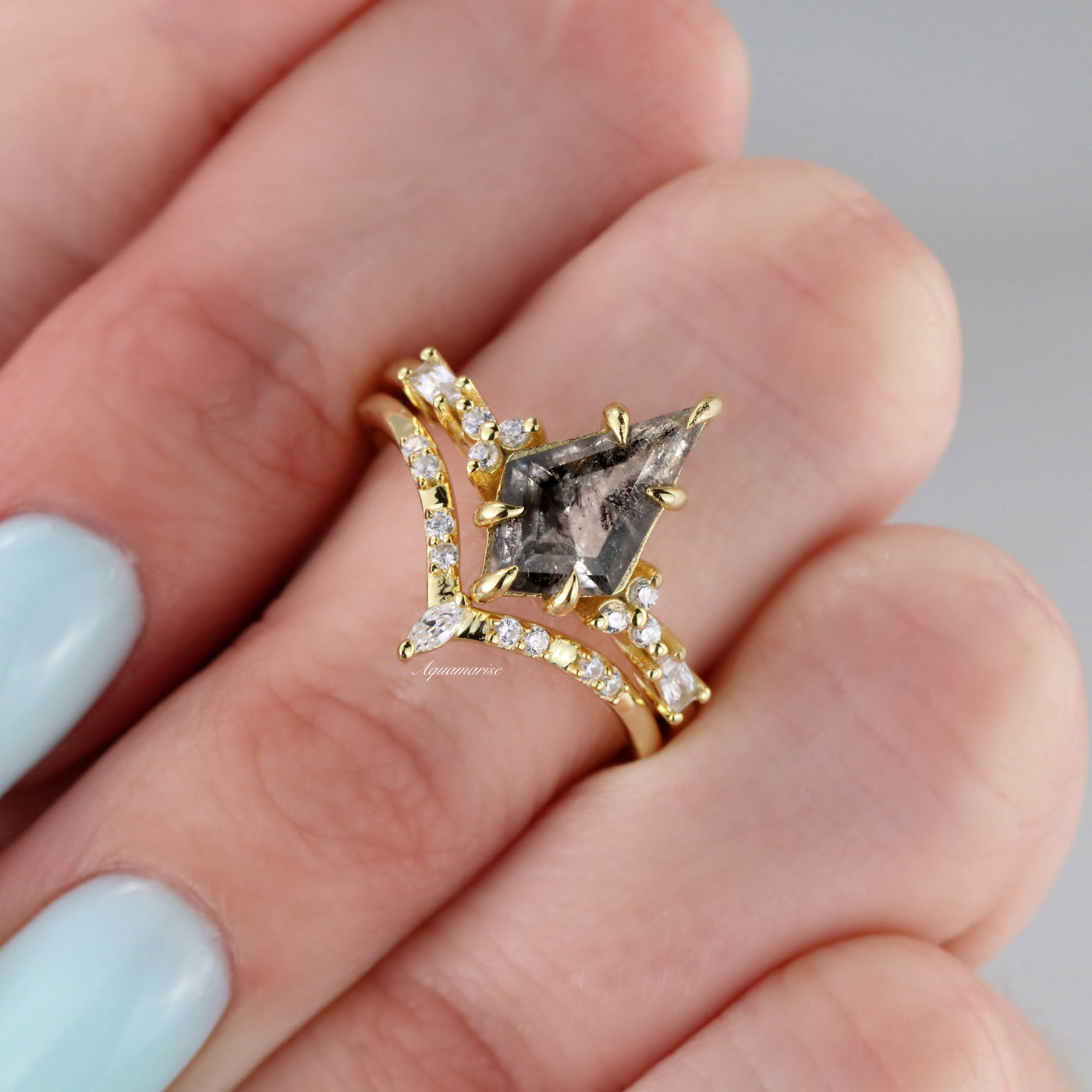 Galaxy Raw Salt and Pepper Diamond Ring Set For Women- Unique Kite Engagement Ring Geometric Diamond Promise Ring- 14K Yellow Gold Vermeil