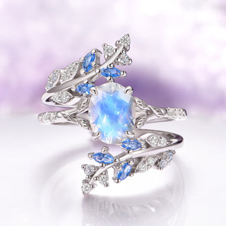 Moonstone and Aquamarine Leaf Engagement Ring Set- 14K White Gold