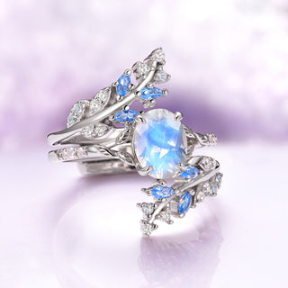 Moonstone and Aquamarine Leaf Engagement Ring Set- 14K White Gold