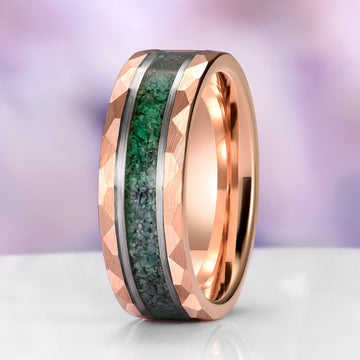 Moss Agate Wedding Band in Rose Gold Tungsten Carbide (8mm) by Aquamarise featuring a hammered rose gold band with textured green moss agate inlay and a polished modern finish.