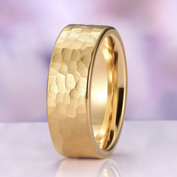 Champagne Moissanite Lotus Couples Ring Set from Aquamarise, featuring a hammered textured yellow gold band with a smooth polished interior, part of Matching Couples' Rings, Best Selling Jewelry, and Nature-Inspired Couple Rings collections.