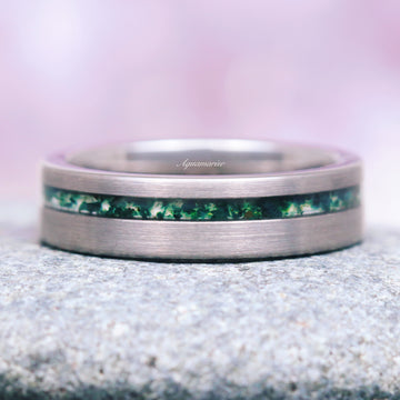 Green Moss Agate & Crescent Moon Couples Ring Set featuring a brushed metal band with a vibrant green moss agate inlay, crafted by Aquamarise for nature-inspired Matching Couples' Rings and Moss Agate Jewelry collections.