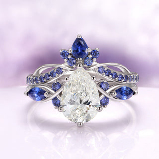Feyra Moissanite and Blue Sapphire Engagement Ring Set in 14K White Gold