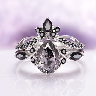 Feyra Gray Moissanite & Black Onyx Ring Set- 14K White Gold