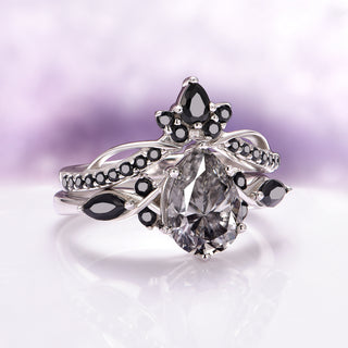 Feyra Gray Moissanite & Black Onyx Ring Set- 14K White Gold