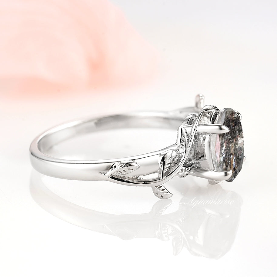 Galaxy Raw Salt & Pepper Diamond (Herkimer Diamond) Leaf Ring- 925 Sterling Silver