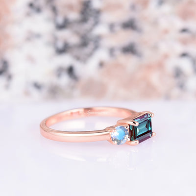 Minimalist Alexandrite & Moonstone Ring For Woman- 14K Rose Gold Vermeil Engagement Ring- Unique Promise Ring June Birthstone Gift For Her