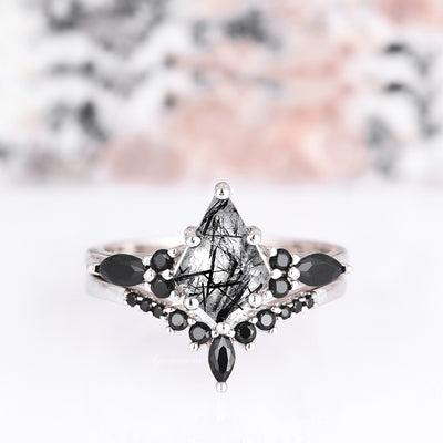 Skye Kite Rutilated Quartz & Black Diamond Ring Set For Woman- Natural Quartz Engagement Ring- 925 Sterling Silver Promise Ring Gift For Her