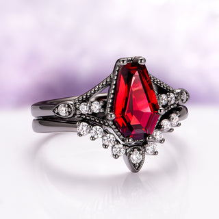 Lilith Red Garnet Coffin Ring Set in Black Ruthenium