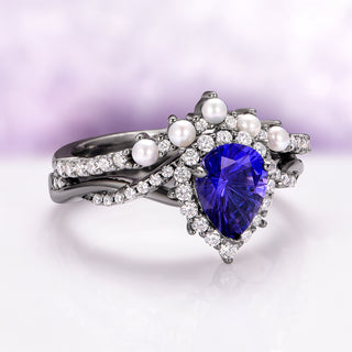 Briar Blue Sapphire and Pearl Engagement Ring Set in Black Ruthenium