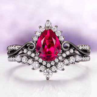 Elegant ring with a large red gemstone and diamond accents on a light purple background