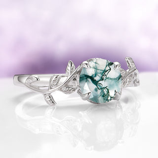 Natural Green Moss Agate Leaf Ring in Sterling Silver