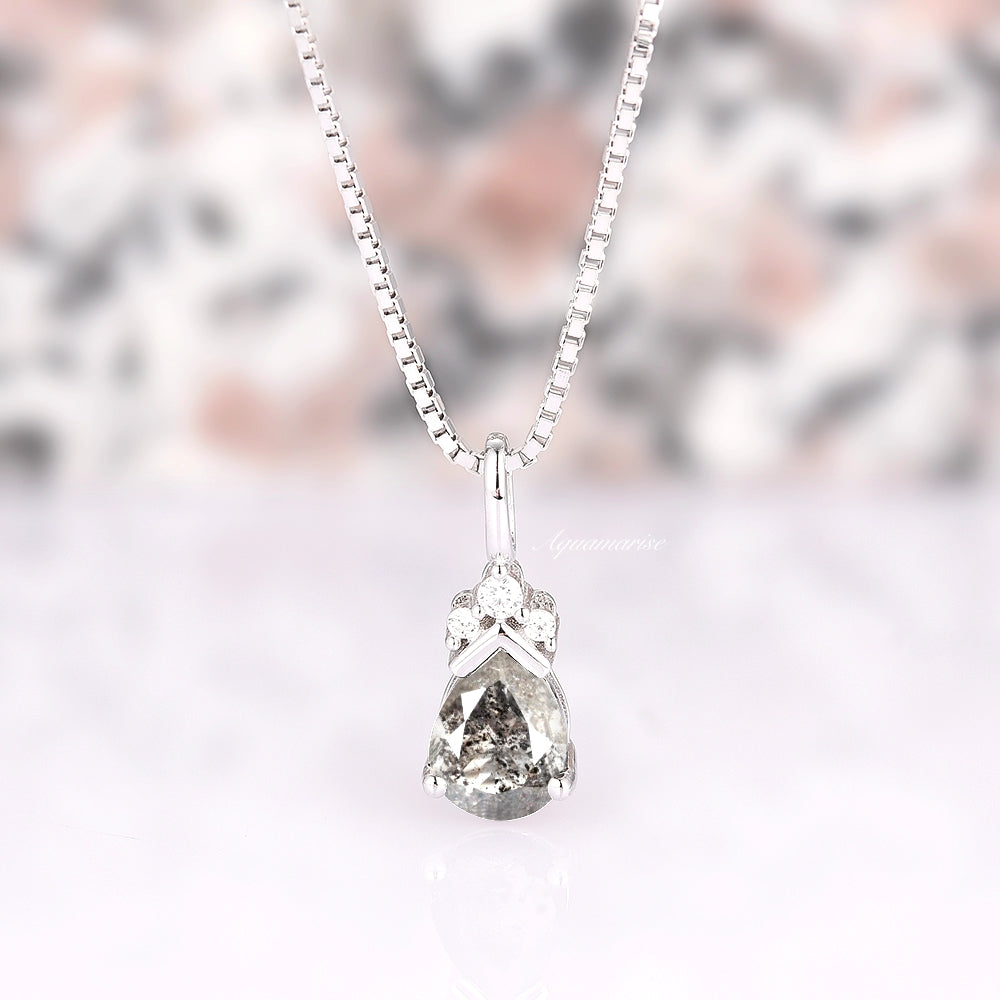 Galaxy Raw Salt & Pepper Diamond Necklace For Women- 925 Sterling Silver Teardrop Herkimer Diamond Unique Jewelry Anniversary Gift For Her