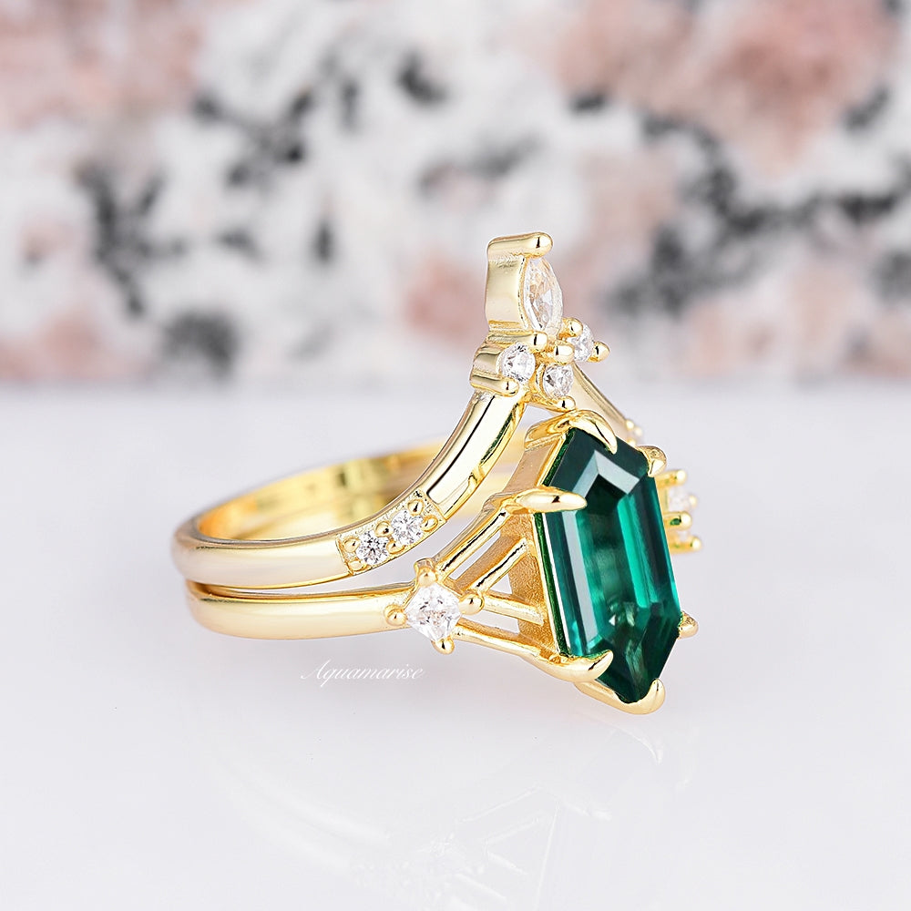 Celtic Hexagon Emerald Ring Set- 14K Yellow Gold Vermeil