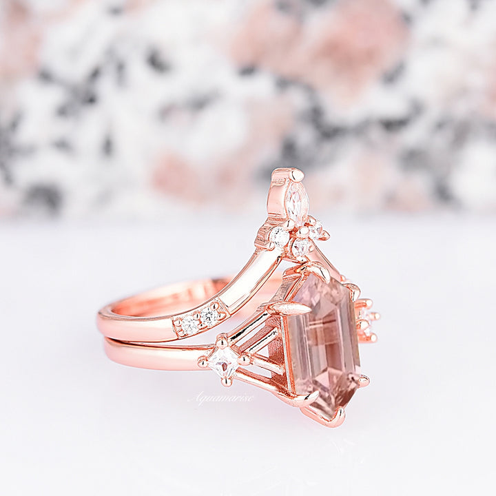 Celtic Hexagon Morganite Ring Set- 14K Solid Rose Gold