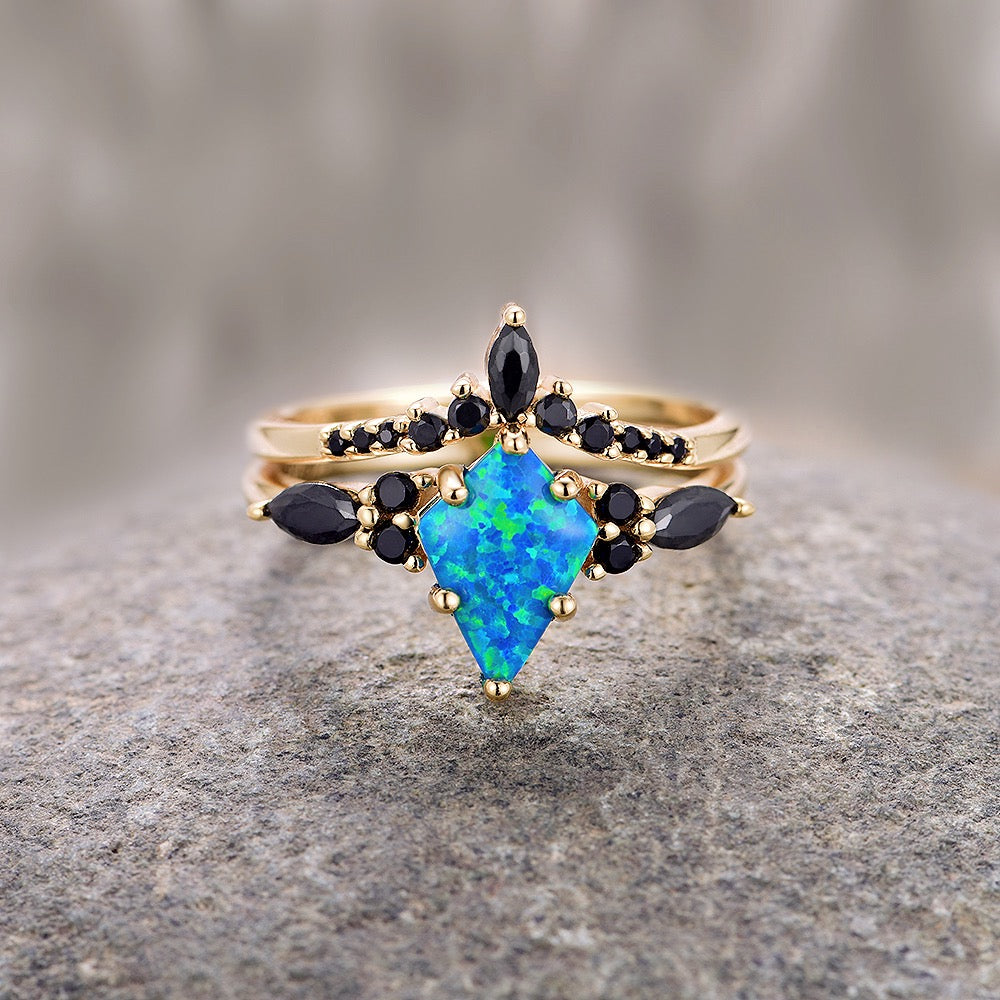 Skye Blue Fire Opal & Black Onyx Ring Set For Women- 14K Yellow Gold Vermeil Engagement Ring For Her Unique Dainty Promise Ring Gift For Her