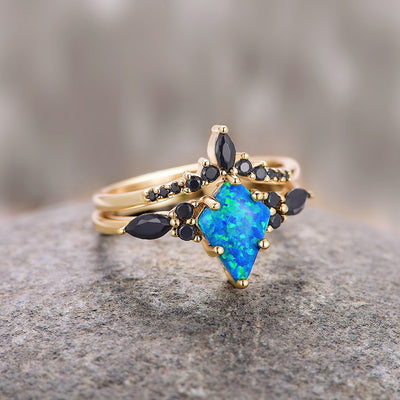 Skye Blue Fire Opal & Black Onyx Ring Set For Women- 14K Yellow Gold Vermeil Engagement Ring For Her Unique Dainty Promise Ring Gift For Her