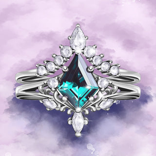 Jewelry with a central blue gemstone on a purple gradient background