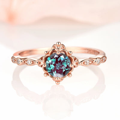 7mm round cut Alexandrite engagement ring solid 14k rose gold twisted –  WILLWORK JEWELRY