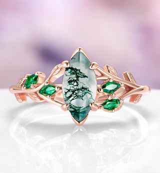 Rowan Marquise Moss Agate Leaf Engagement Ring in 14K Rose Gold Vermeil
