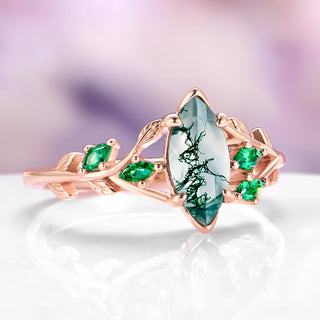 Rowan Marquise Moss Agate Leaf Engagement Ring in 14K Rose Gold Vermeil