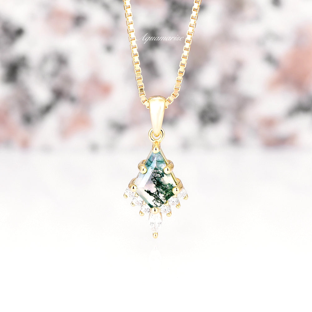 Skye Kite Green Moss Agate Necklace For Women 14K Yellow Gold Vermeil Natural Agate Pendant Unique Birthstone Jewelry Anniversary Gift Idea