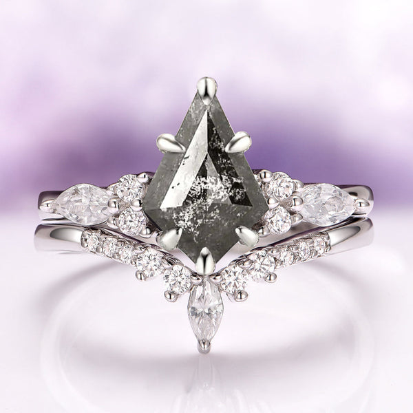 Skye Kite® Natural Herkimer Diamond Engagement Ring Set in 14K White Gold (Salt & Pepper Diamond) by Aquamarise Gold, featuring a kite-cut salt and pepper diamond with sparkling white gold accents.