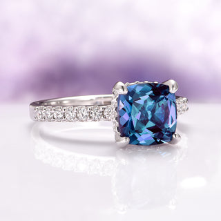 Cushion Cut Alexandrite Engagement Ring in 14K White Gold (Hidden Halo)