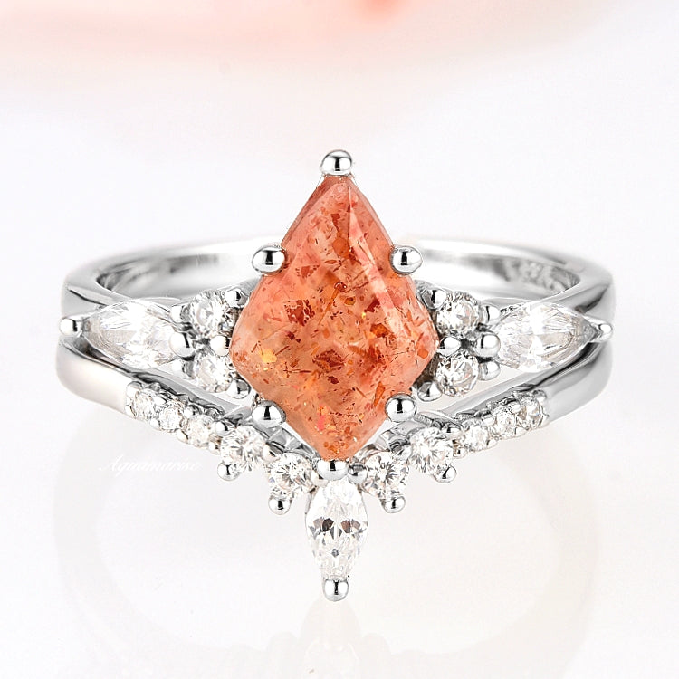 Skye Natural Sunstone Kite Ring Set For Women- 925 Sterling Silver Unique Orange Gemstone Engagement Ring Anniversary Birthday Gift For Her