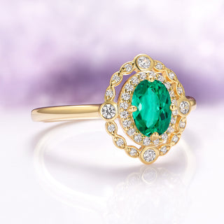 Valentina Art Deco Emerald Ring in 14K Solid Yellow Gold