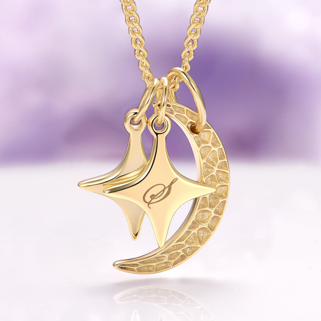 Custom Initial Necklace with Moon and Stars in 14K Yellow Gold