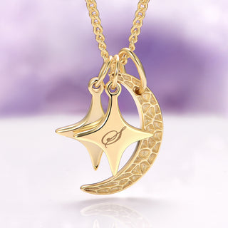 Custom Initial Necklace with Moon and Stars in 14K Yellow Gold Vermeil