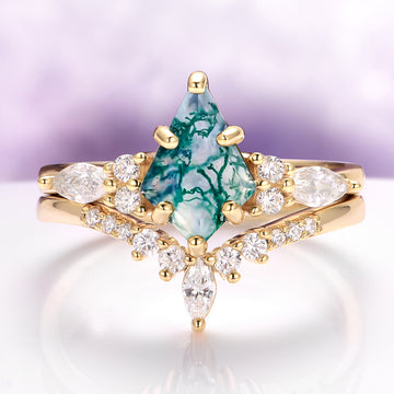 Skye Kite® Green Moss Agate Ring Set in 14K Yellow Gold Vermeil featuring a kite-cut moss agate surrounded by sparkling white stones, elegant vintage-inspired design by Aquamarise.