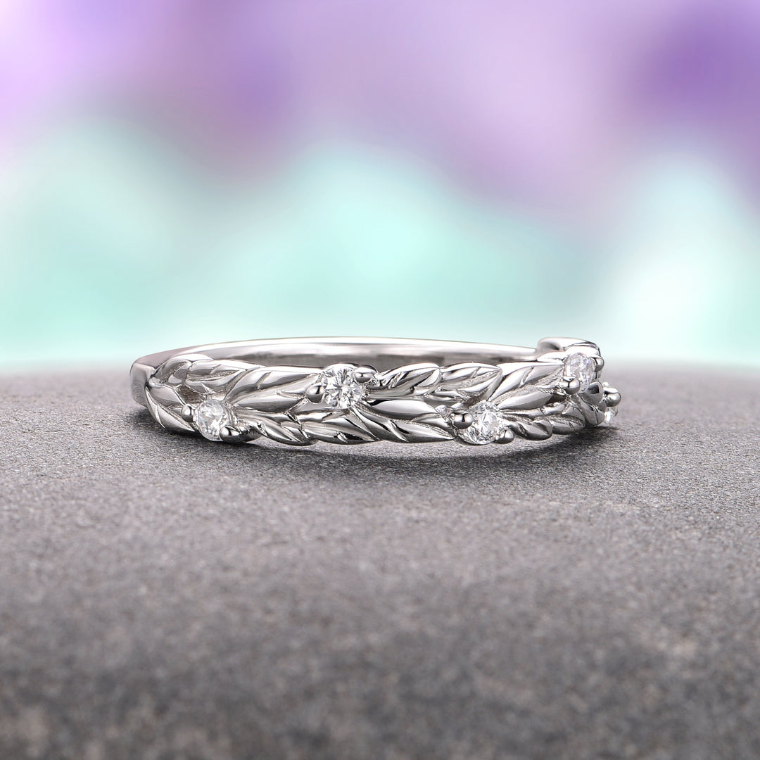 Diamond Leaf Wedding Band- 14K White Gold