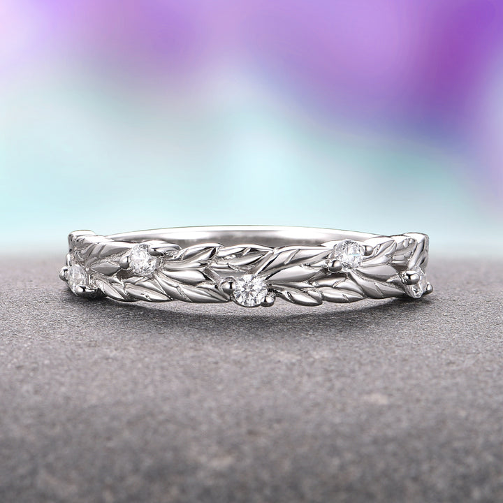 Diamond Leaf Wedding Band- 14K White Gold