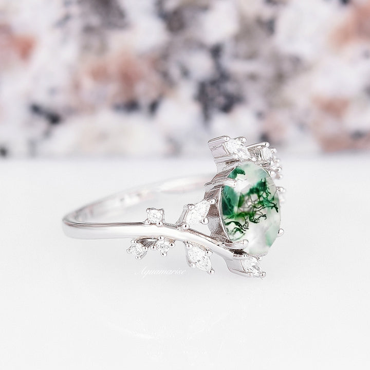 Green Moss Agate Leaf Ring- Sterling Silver