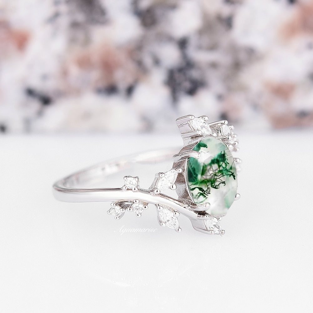 Green Moss Agate Leaf Couples Ring Set- His and Hers Wedding Band- 925 Sterling Silver