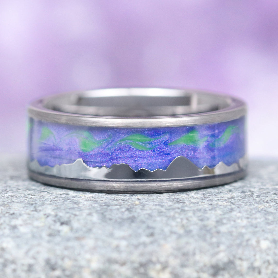 Borealis Mountain Range Wedding Band - 8MM Tungsten (Northern Lights)