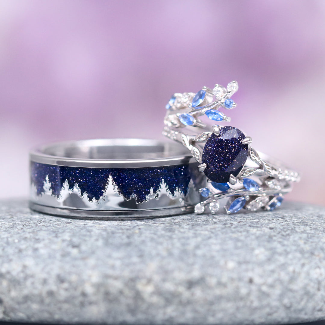 Starry Night & Sapphire Leaf Engagement Ring Set- Sterling Silver