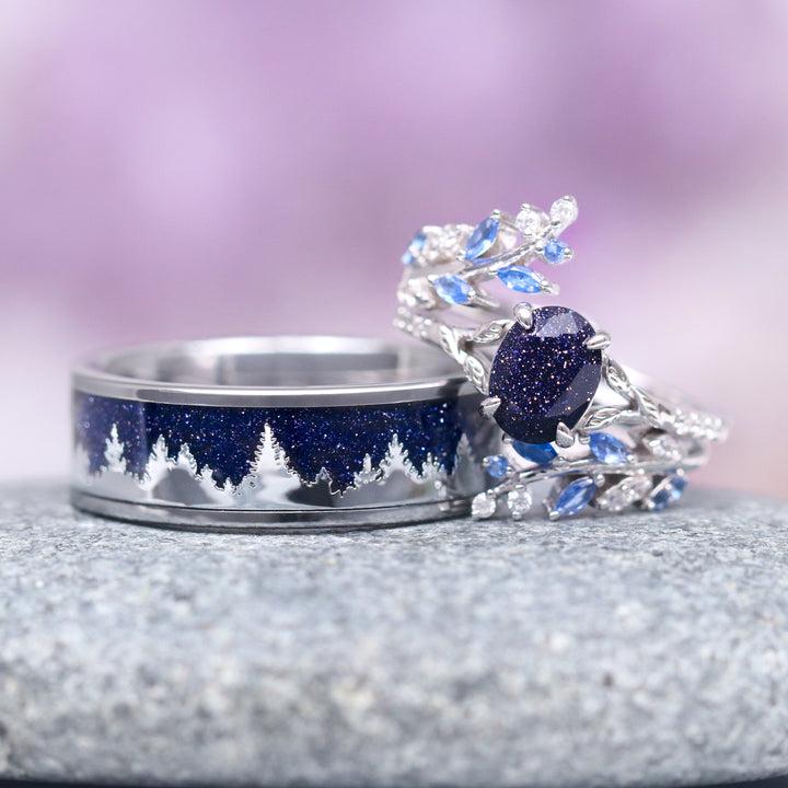 Starry Night & Sapphire Leaf Ring Set- 14K White Gold