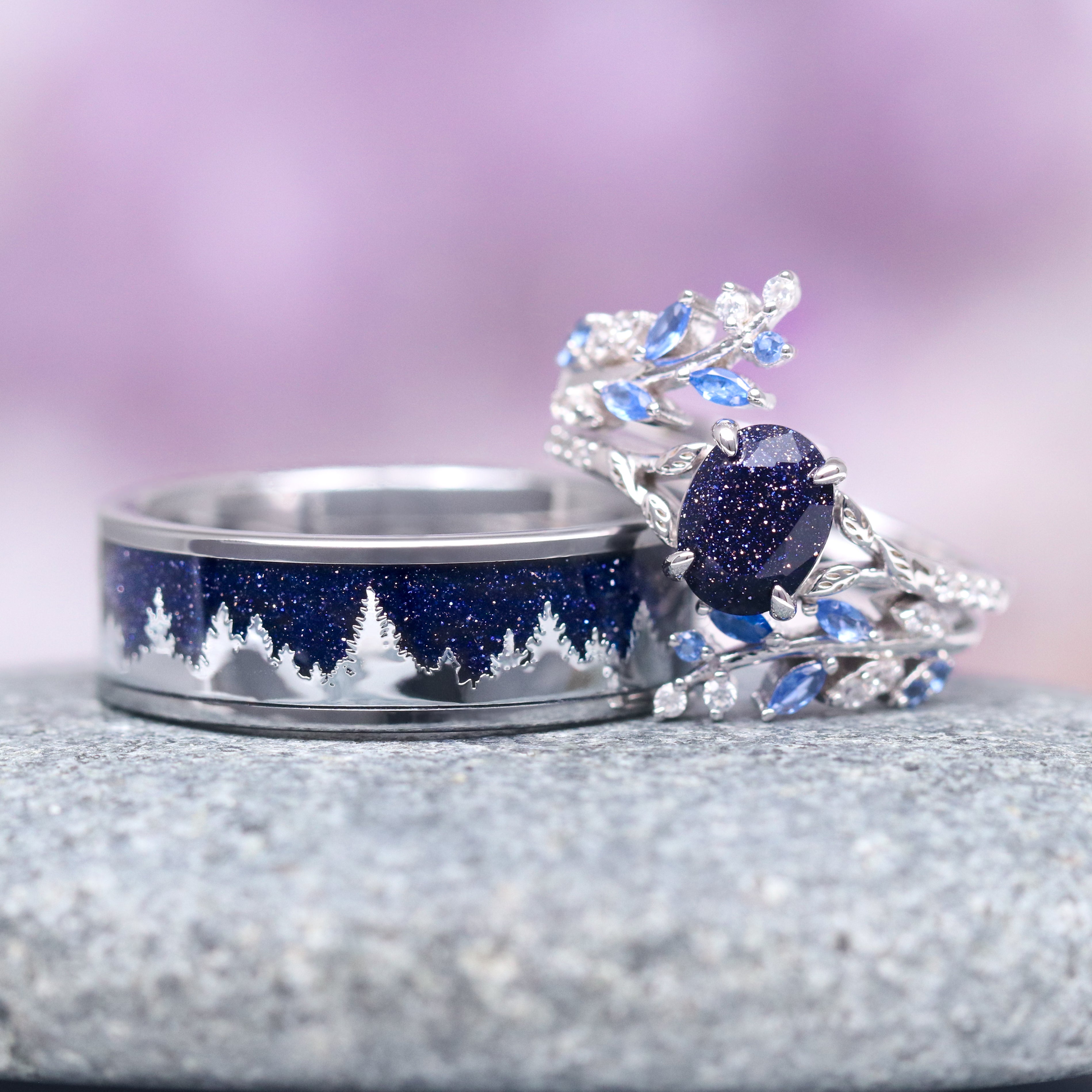 Starry Night Trees Couples Ring Set, ACOTAR Wedding Rings