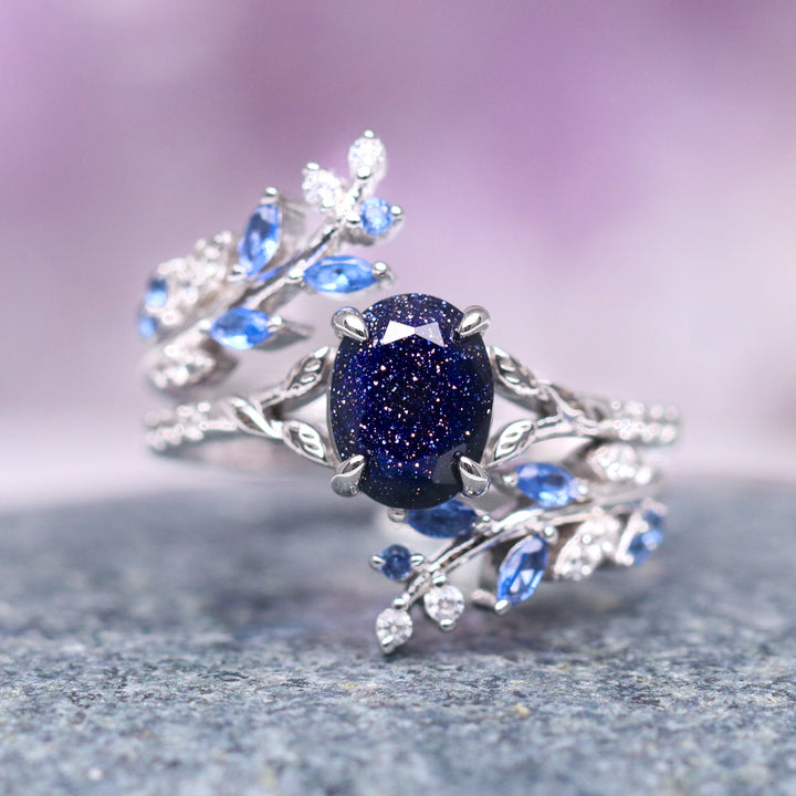 Starry Night & Sapphire Leaf Ring Set- 14K White Gold