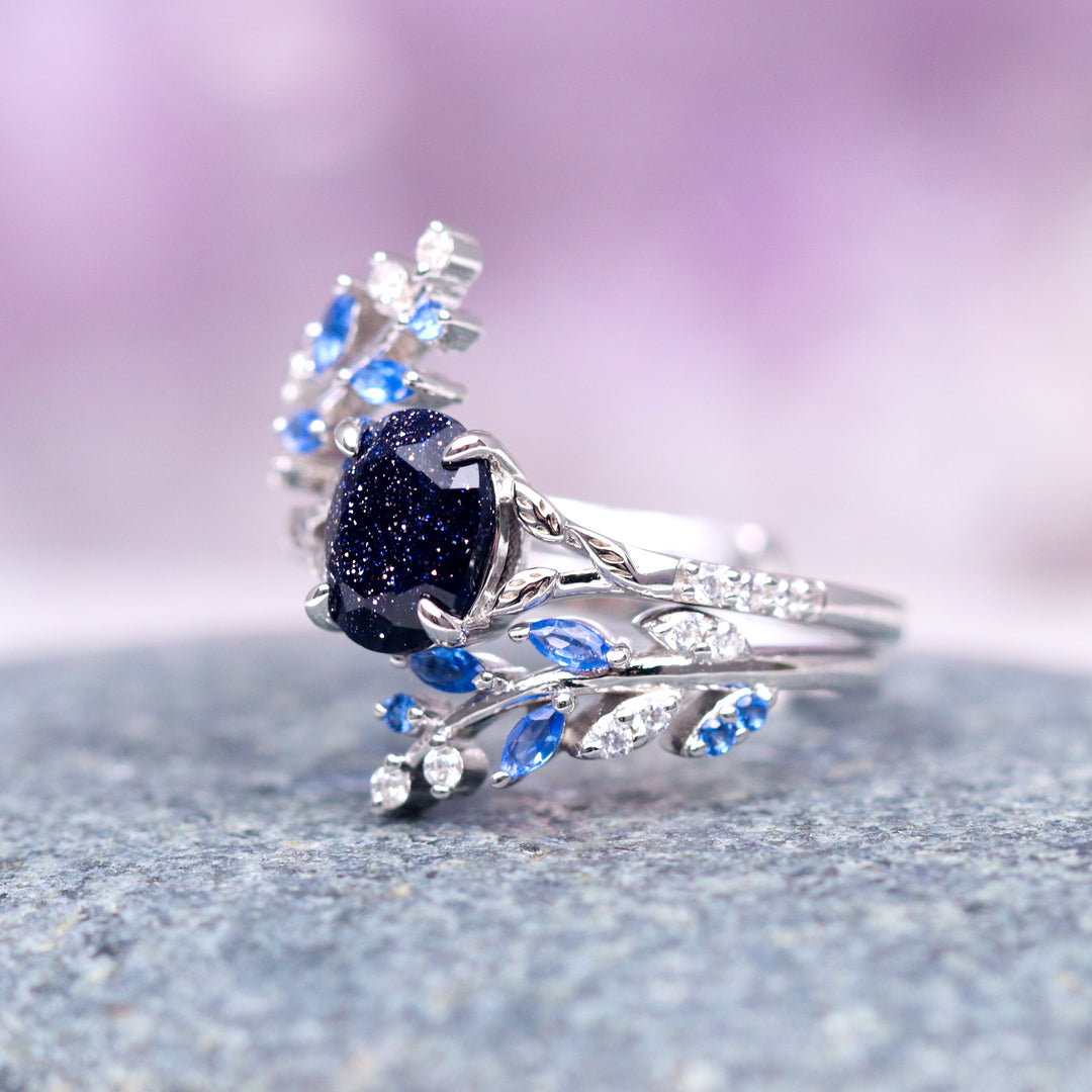 Starry Night & Sapphire Leaf Engagement Ring Set- Sterling Silver