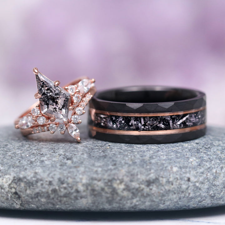 Galaxy Meteorite & Starry Hammered Wedding Band- 8MM Rose Gold/ Black Tungsten