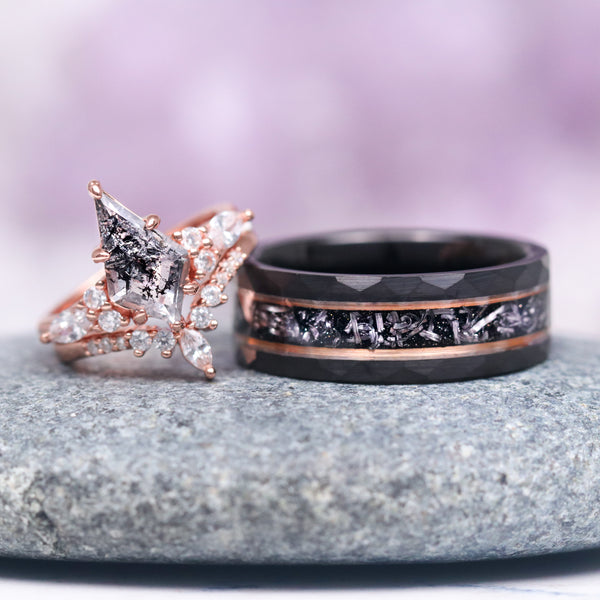 Skye Kite® Natural Herkimer Diamond Engagement Ring Set in 14K Solid Rose Gold by Aquamarise Gold, featuring a kite-cut Herkimer diamond with diamond accents and a complementary men’s ring.