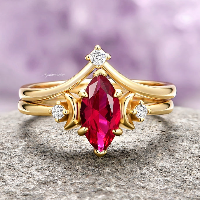 Ruby Crescent Moon Ring Set- 14K Solid Yellow Gold