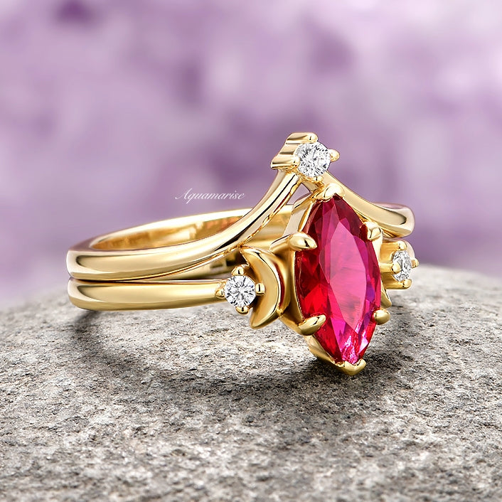 Ruby Crescent Moon Ring Set- 14K Solid Yellow Gold