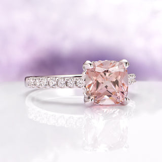 Cushion Cut Morganite Ring in Sterling Silver (Hidden Halo)