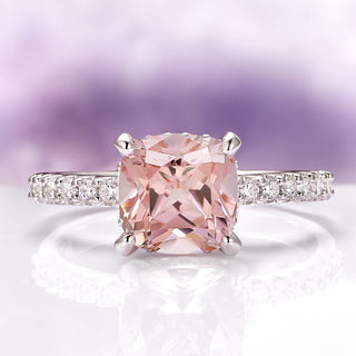 Cushion Cut Morganite Ring in Sterling Silver (Hidden Halo)