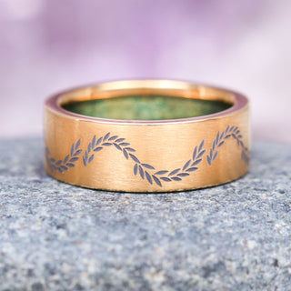 Green Moss Agate Leaf Wedding Band  in Yellow Gold Titanium (8mm)